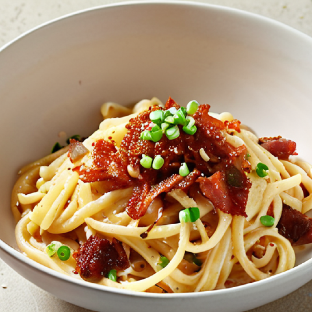 Kimchi Carbonara: Creamy carbonara pasta with spicy kimchi, bacon bits, and a sprinkle of sesame seeds. The dish is served in a white bowl and garnished with green onions.