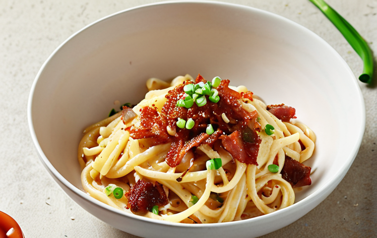 Kimchi Carbonara: Creamy carbonara pasta with spicy kimchi, bacon bits, and a sprinkle of sesame seeds. The dish is served in a white bowl and garnished with green onions.