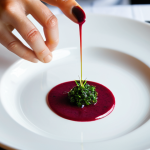 A close-up, top-down view of a sophisticated fusion cuisine dish, presented as a work of art on a minimalist white ceramic plate. The dish features vibrant, contrasting colors from fresh ingredients like red beet puree, green herb oil, and delicate white seafood, with varied textures including a crisp element and a smooth, creamy sauce. Artistic sauce drizzles enhance the visual appeal. The setting is a brightly lit, professional fine dining restaurant table, with soft, diffused light highlighting the food. Fully clothed, appropriate content, safe for work, professional, perfect anatomy, correct proportions, natural pose, well-formed hands, proper finger count, high-resolution, sharp focus, gastronomic photography, studio lighting.
